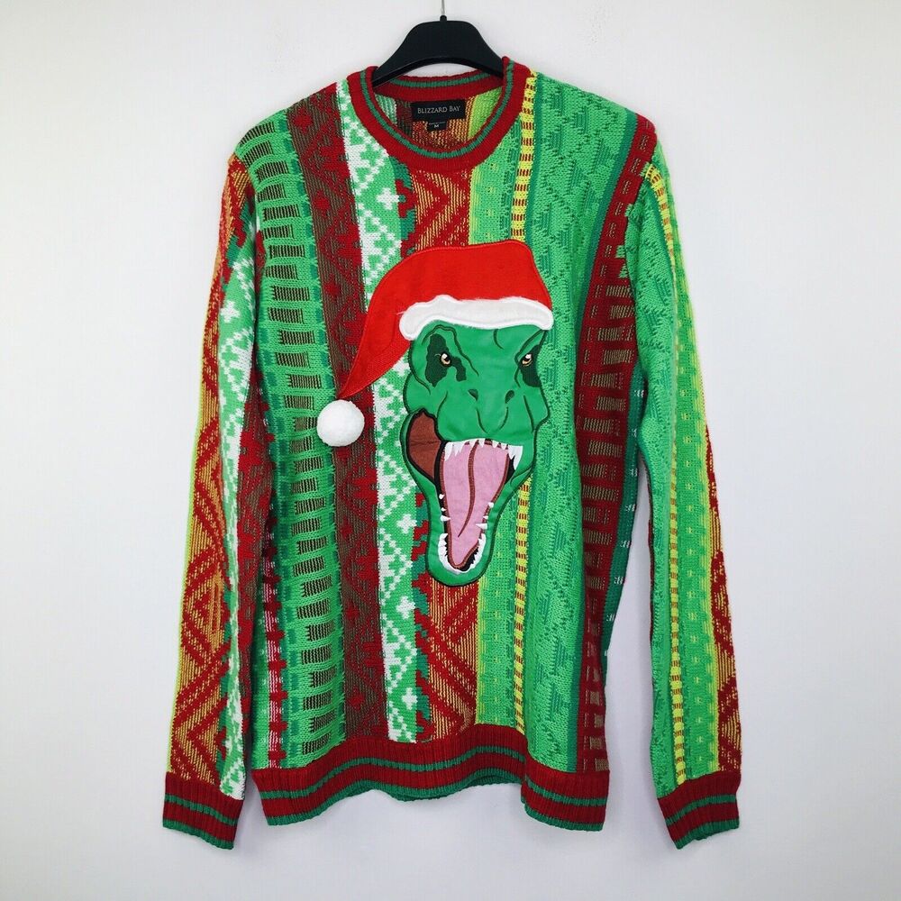 Blizzard Bay Men's Medium Ugly Christmas Sweater Dinosaur T Rex Green Red Stripe